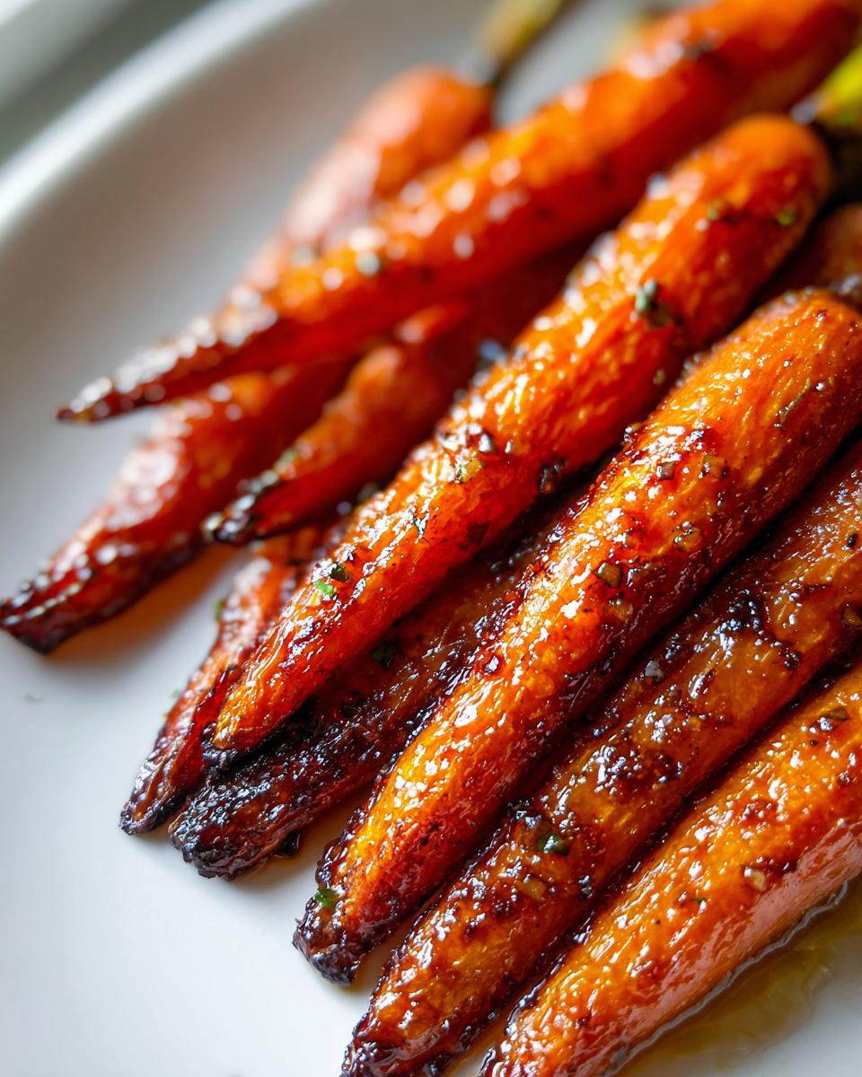 Close-up of perfectly cooked, shiny honey glazed carrots resting on a white plate, showing caramelized edges.