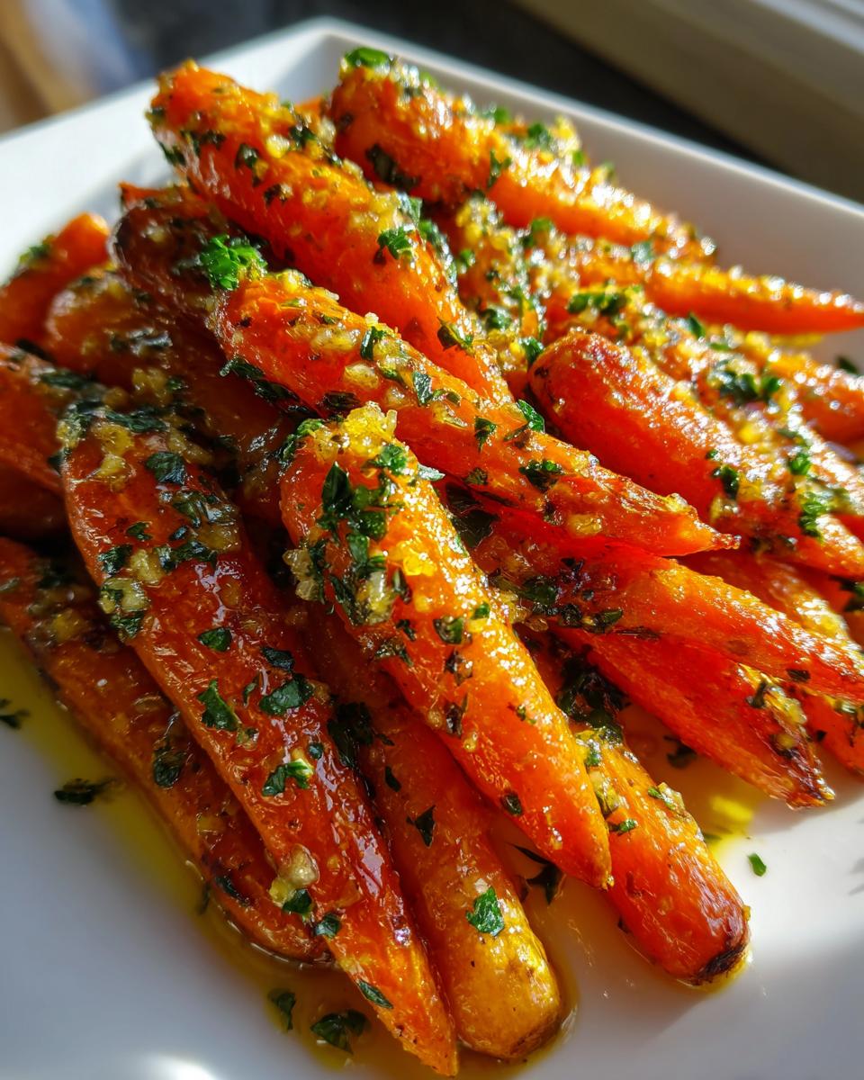 A close-up shot of vibrant, tender honey glazed carrots piled on a white plate, glistening with glaze and topped with minced garlic and fresh parsley.