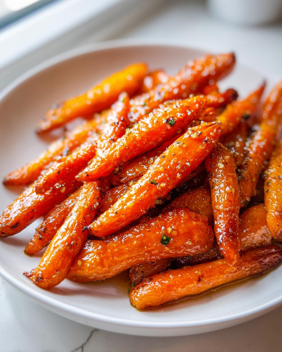 A close-up of perfectly cooked, shiny honey glazed carrots served in a white bowl, glistening with glaze and seasoning.