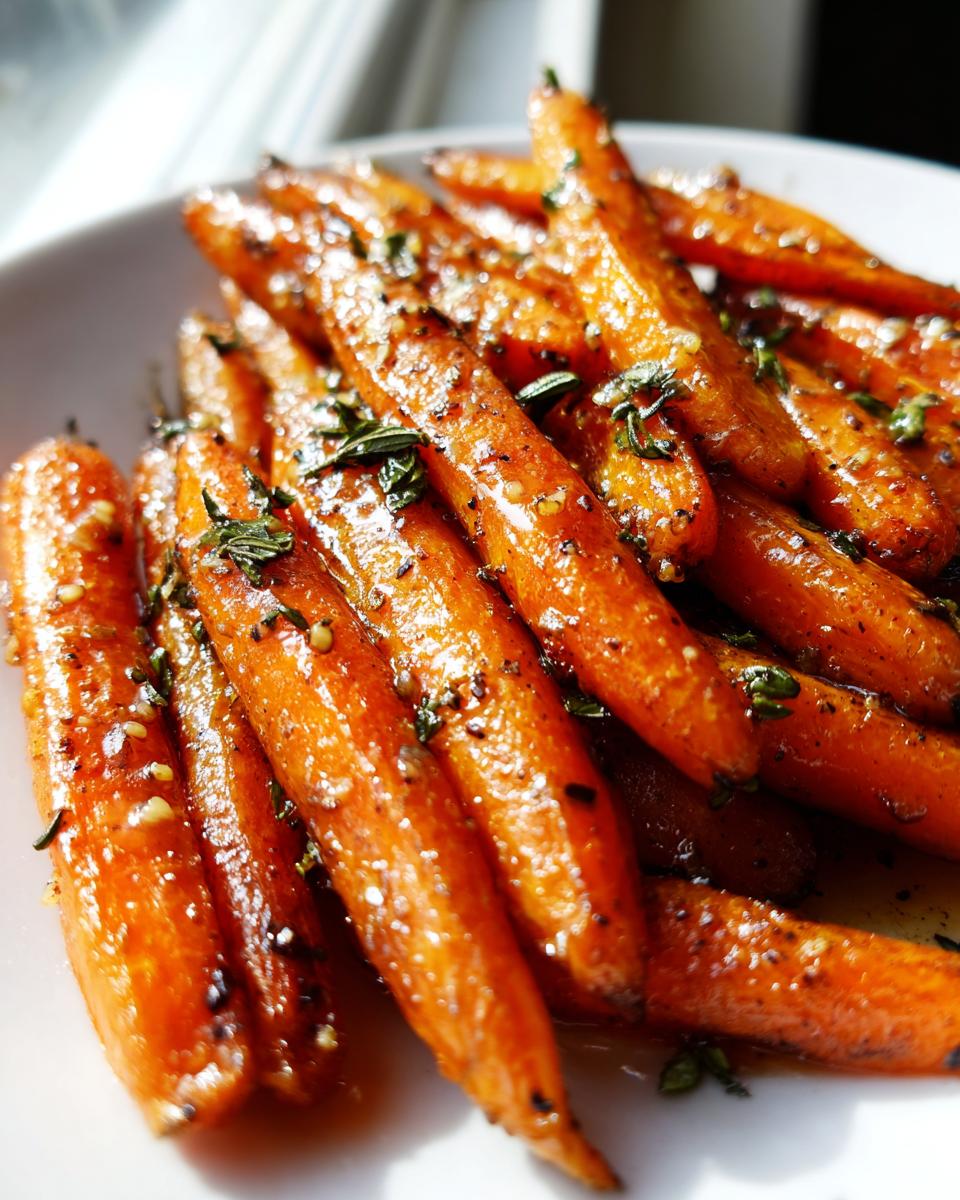 A close-up of vibrant, glossy honey glazed carrots seasoned with herbs and spices, served on a white plate.