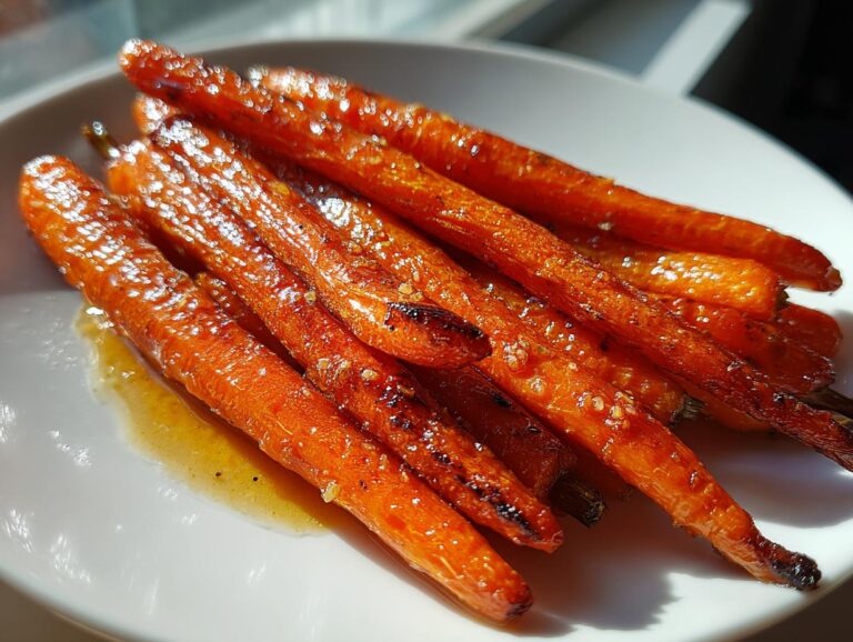 A close-up photo of several bright orange, roasted honey glazed carrots piled on a white plate, glistening under bright light.