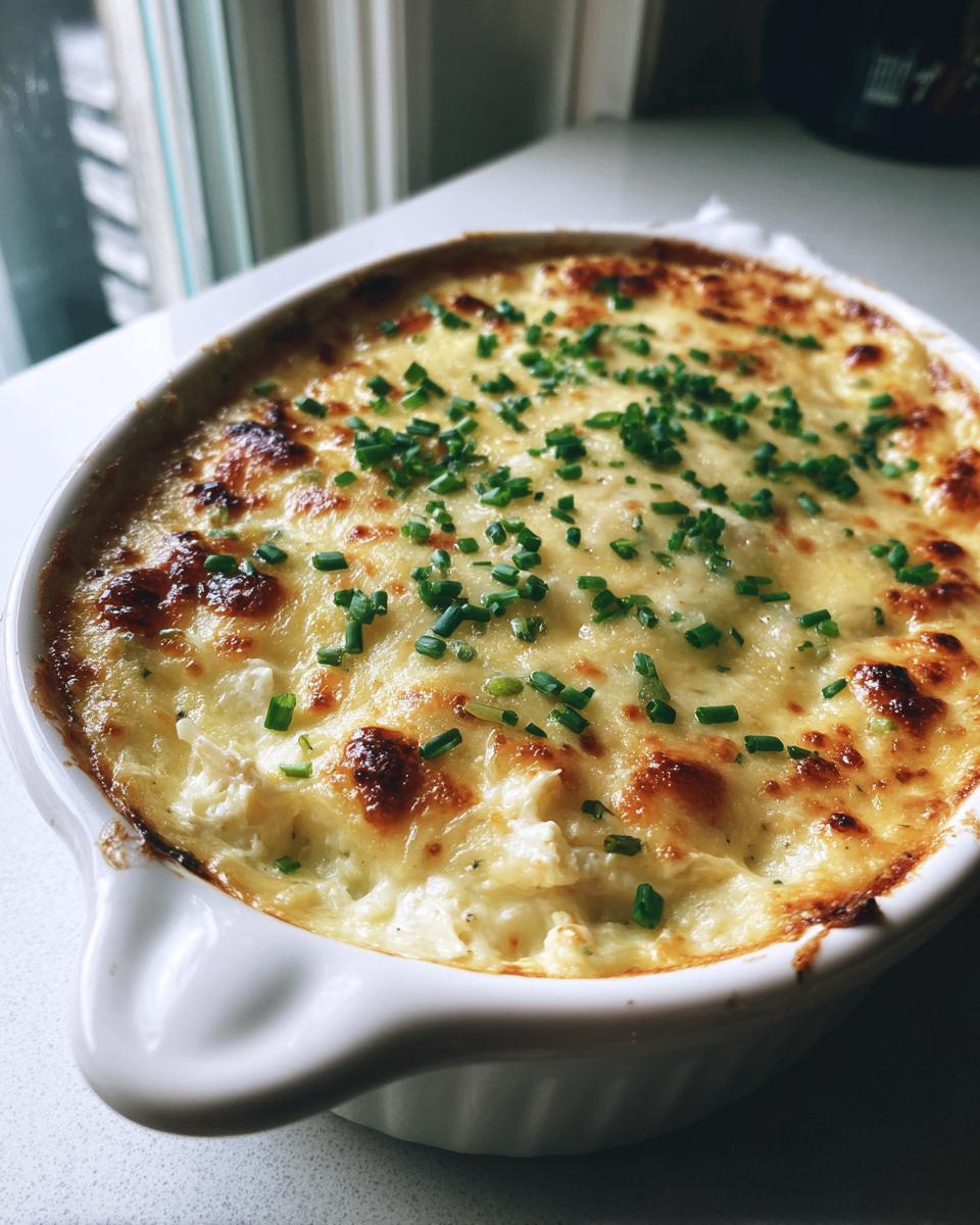 Close-up of a hot crab dip recipe, baked until golden brown and topped with fresh chives.