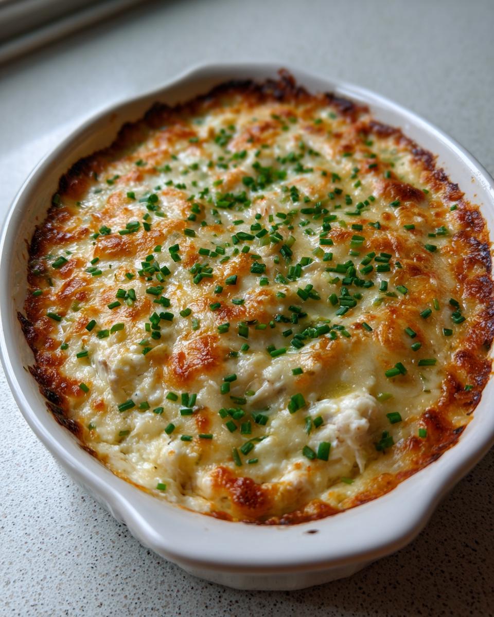 A close-up of a bubbling, hot crab dip recipe baked in a white oval dish, topped with melted cheese and fresh chives.