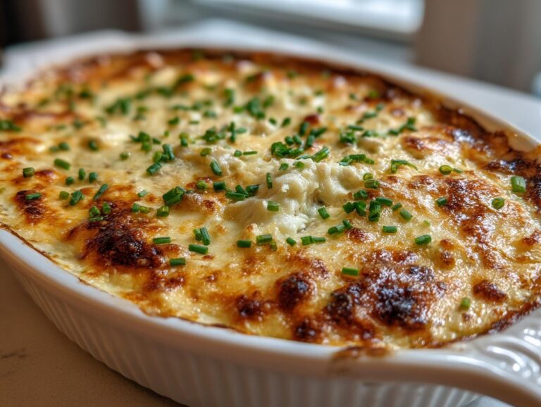 Close-up of a hot crab dip recipe baked until golden brown and bubbly, garnished with fresh chives.