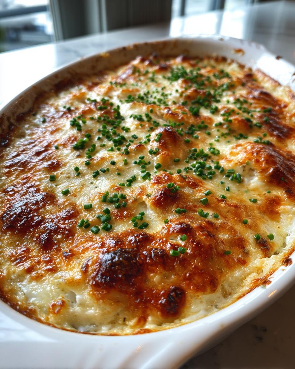 Close-up of a hot crab dip recipe baked in a white dish with a bubbly, golden-brown cheese crust and sprinkled with chives.