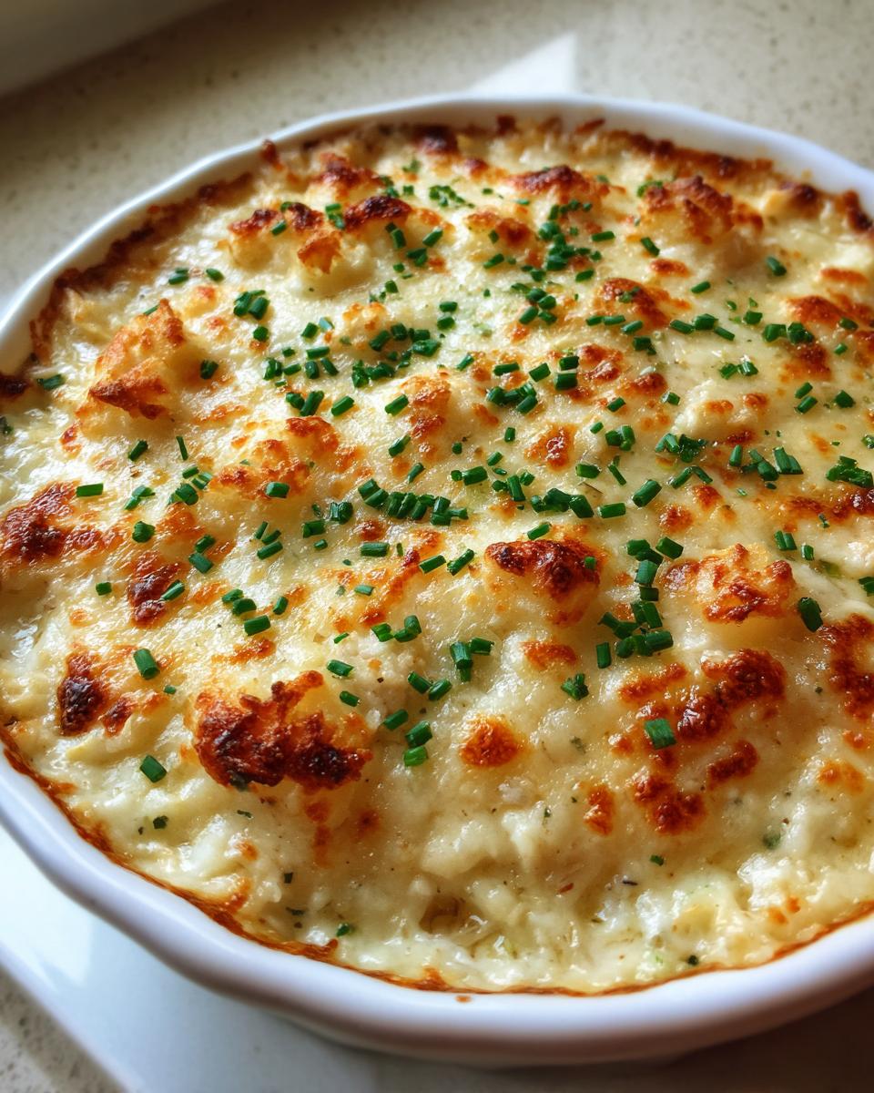 Close-up of a hot crab dip recipe baked in a white dish, featuring bubbly, browned cheese and chopped chives.
