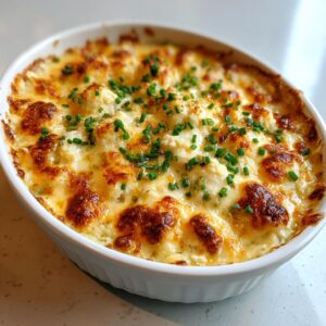 Close-up of a hot crab dip recipe baked until golden brown and topped with fresh chives.