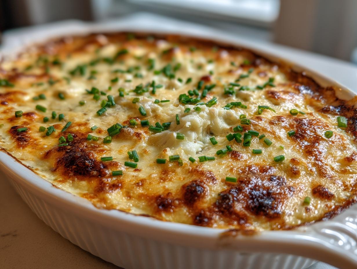 Close-up of a hot crab dip recipe baked until golden brown and bubbly, garnished with fresh chives.