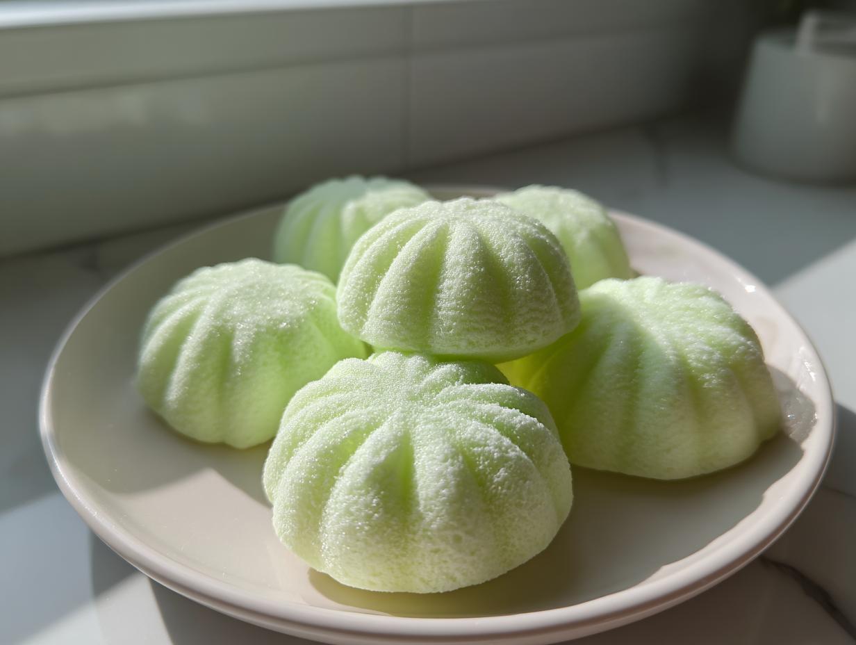 Five light green, molded cream cheese mints dusted with powdered sugar sitting on a pale pink plate.