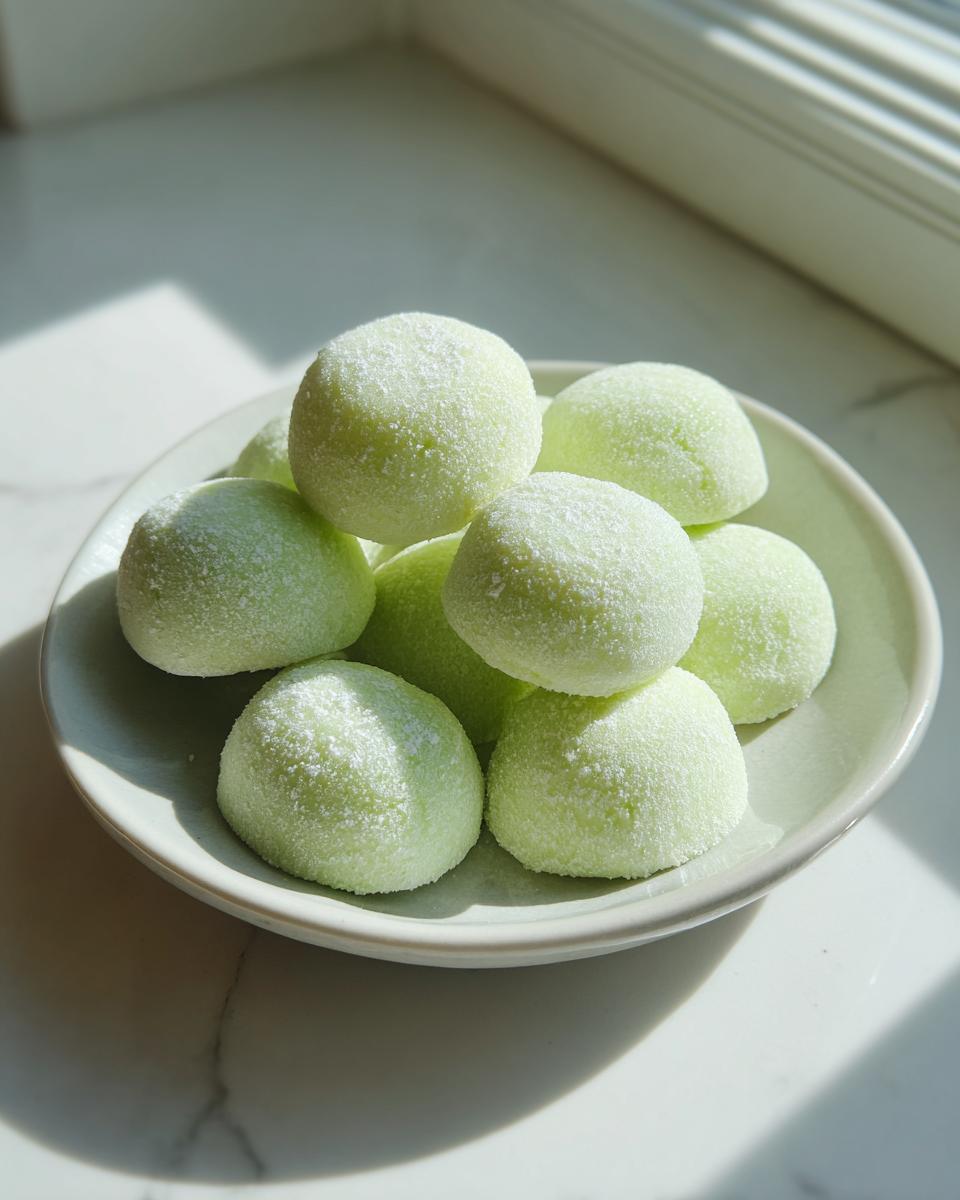 A small pile of light green, sugar-coated cream cheese mints resting on a pale plate near a sunny window.