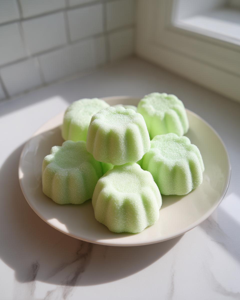 A plate holding several light green, flower-shaped cream cheese mints, set against a bright, sunlit kitchen counter.