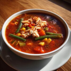 A close-up of a steaming bowl of rich, red maryland crab soup topped with generous flakes of white crab meat and mixed vegetables.