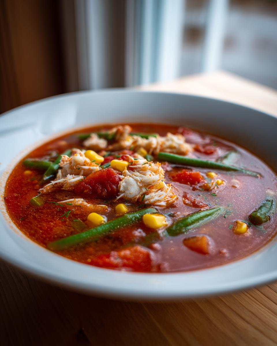 Close-up of a bowl of rich, red maryland crab soup topped with lump crab meat, green beans, and corn kernels.