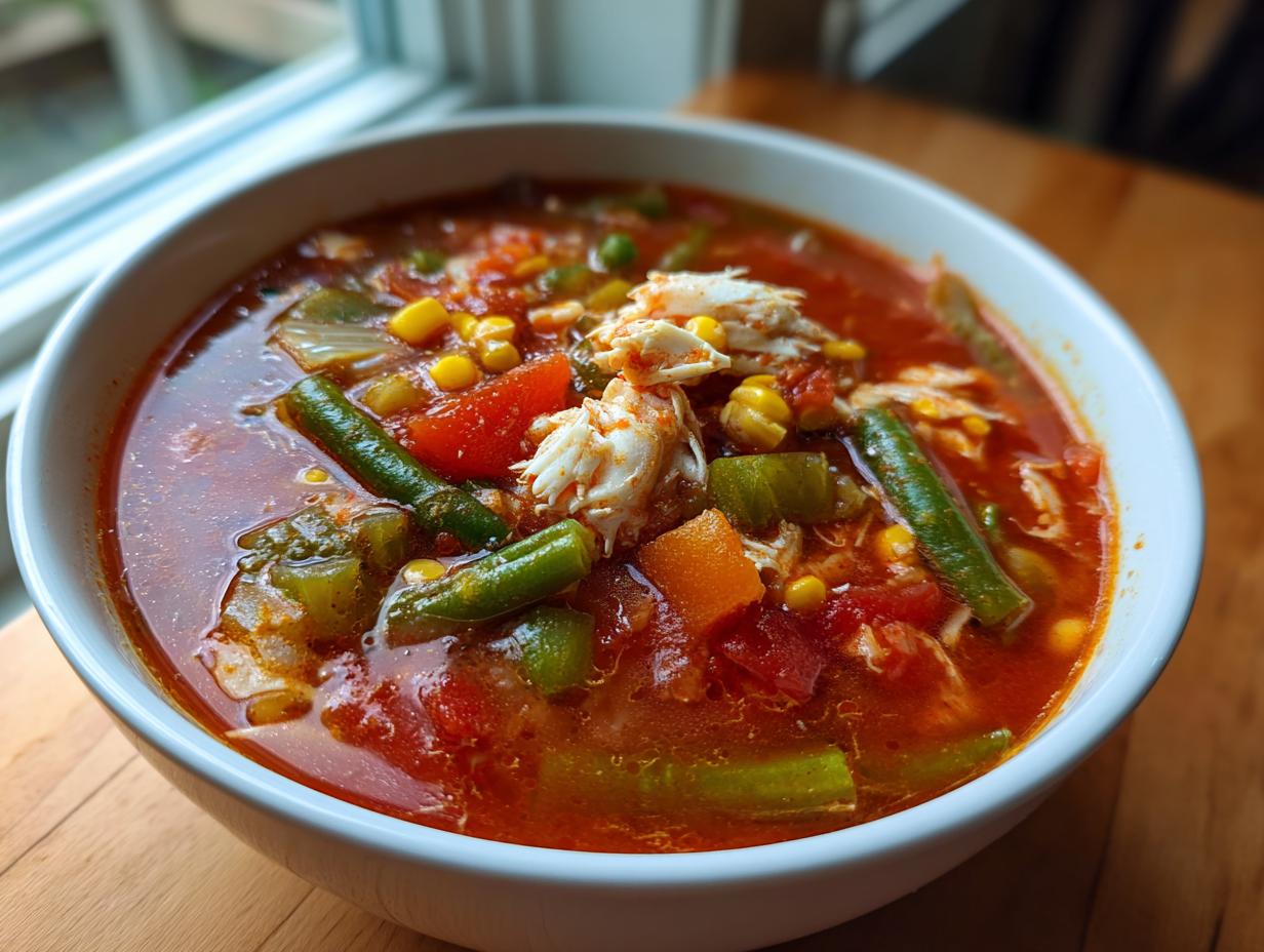 A close-up of a white bowl filled with vibrant maryland crab soup, featuring chunks of crab meat, corn, green beans, and tomatoes in a rich broth.