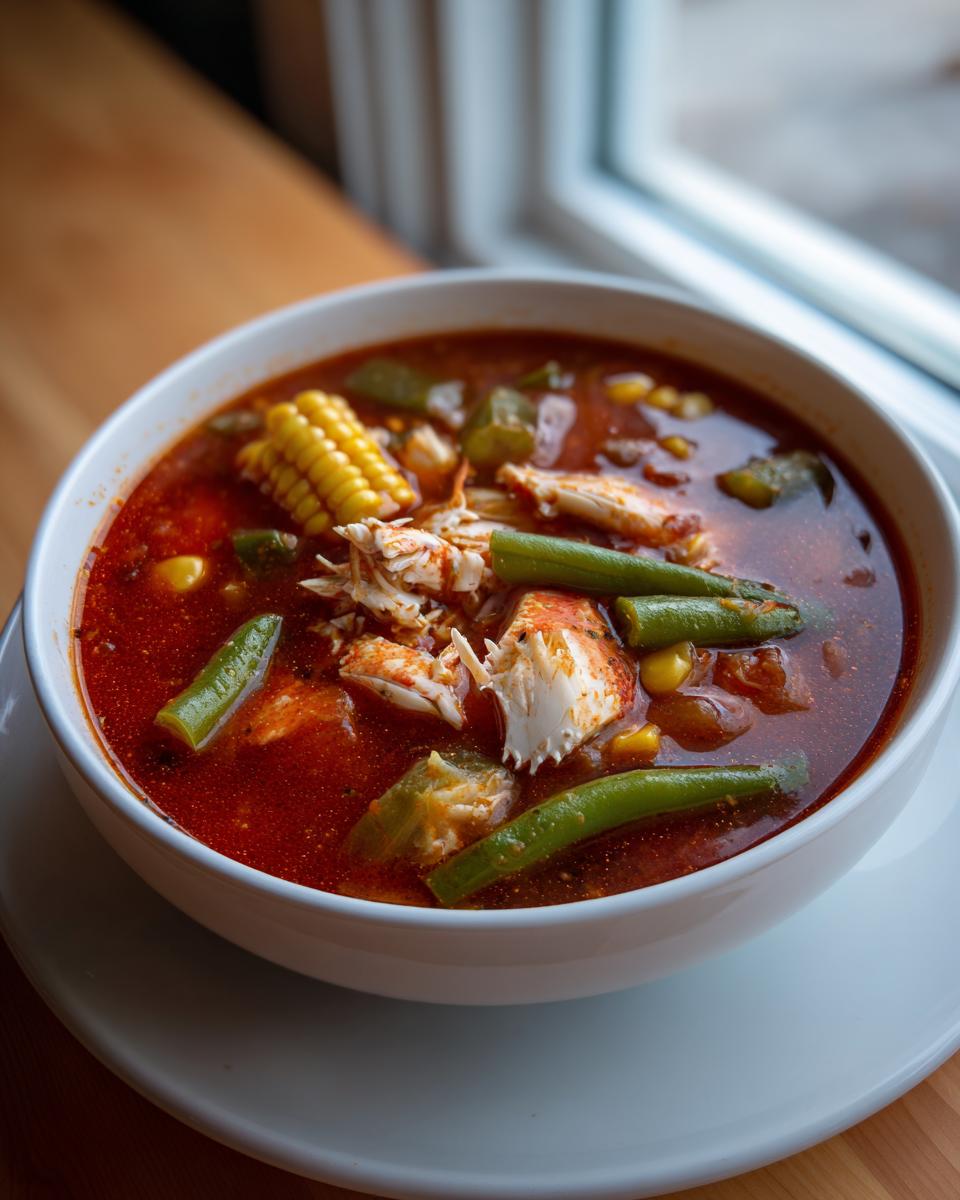 A close-up of a white bowl filled with rich, red Maryland crab soup, featuring large chunks of crab meat, corn on the cob, and green beans.