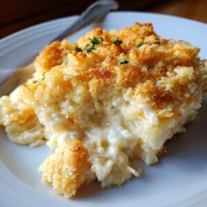 A close-up of a creamy serving of million dollar chicken casserole topped with golden brown breadcrumbs and fresh thyme.