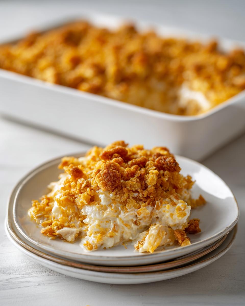 A serving of creamy million dollar chicken casserole topped with a golden, crunchy cornflake topping on a stack of plates.