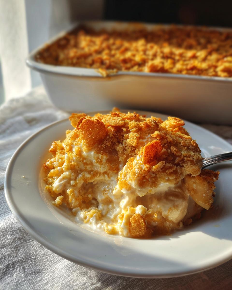 A serving of creamy million dollar chicken casserole topped with golden, crunchy cornflakes on a white plate.