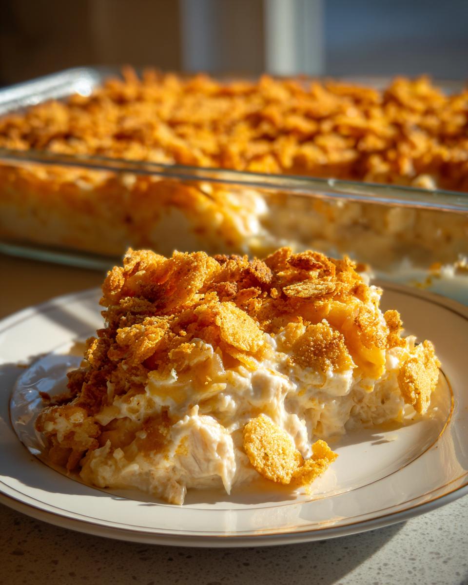 A close-up serving of creamy million dollar chicken casserole topped with golden, crunchy cornflakes.