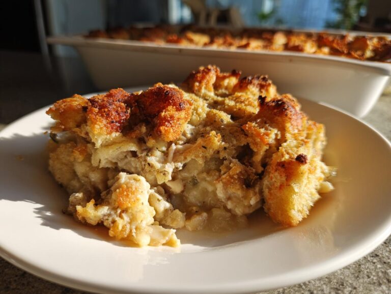 A scoop of creamy million dollar chicken casserole with a golden, crispy topping served on a white plate.