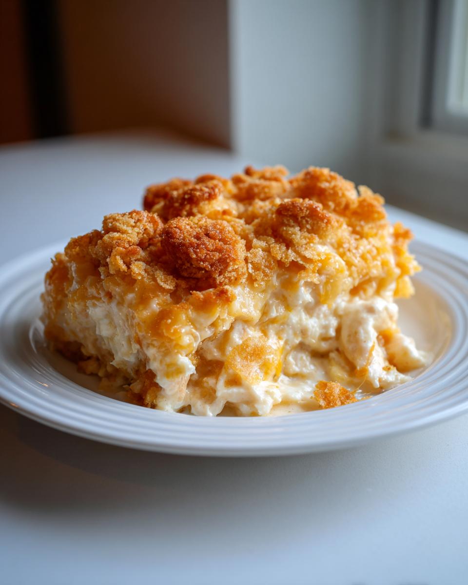 A close-up of a creamy slice of million dollar chicken casserole topped with golden, crunchy cornflakes.