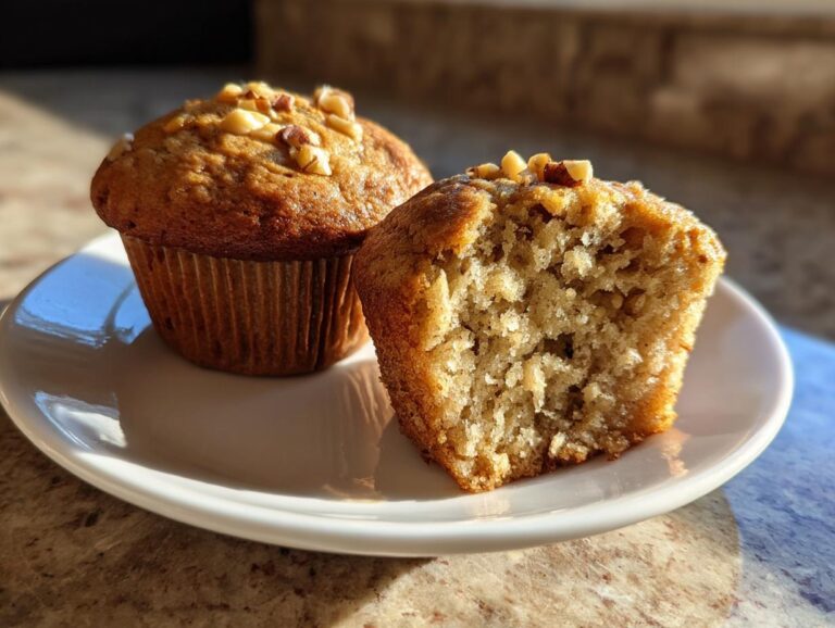 Two delicious banana nut muffins on a white plate, one cut in half showing the moist crumb.