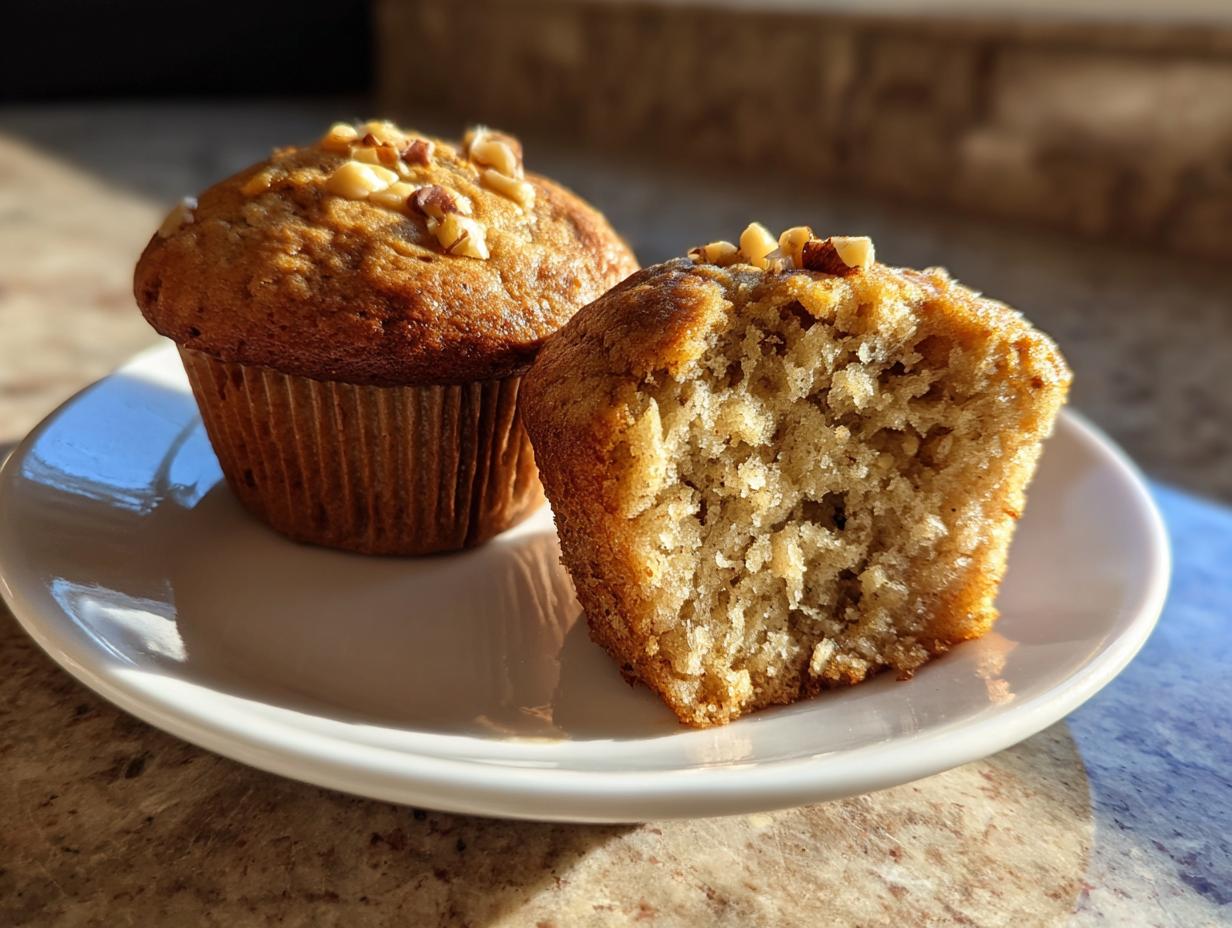 Two delicious banana nut muffins on a white plate, one cut in half showing the moist crumb.