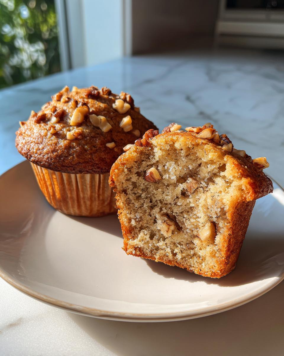 Two banana nut muffins on a plate, one sliced in half showing the moist interior and walnuts.