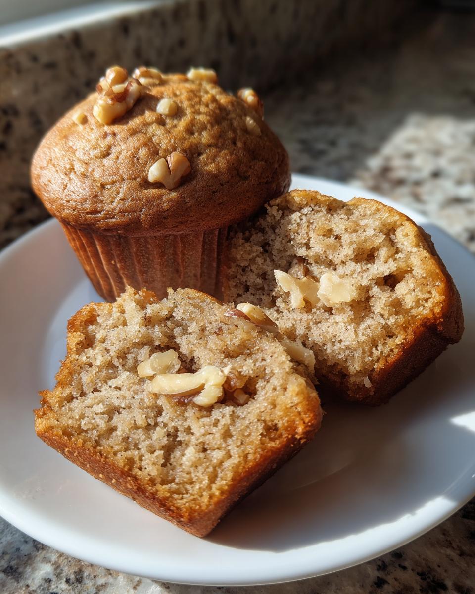 A whole and a halved banana nut muffins showing the moist interior and walnut pieces.