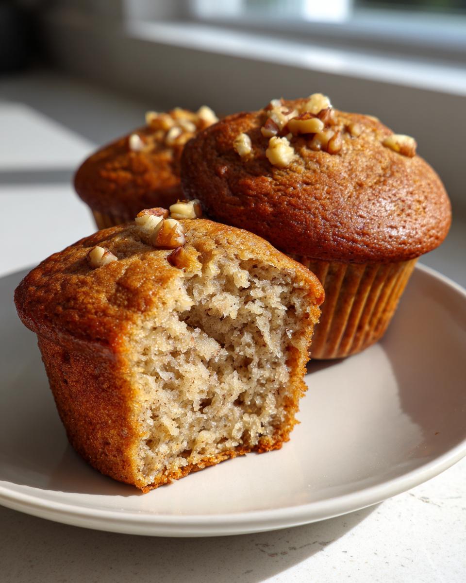 Close-up of moist banana nut muffins, one cut open to show the texture, topped with chopped walnuts.