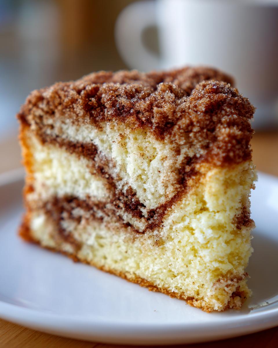 Close-up of a moist slice of coffee cake showing cinnamon swirl and crumb topping.