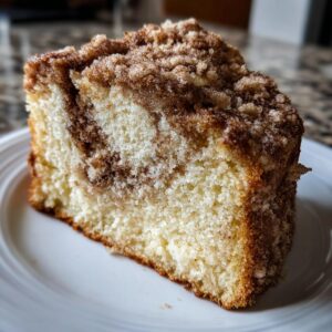 Close-up of a moist slice of coffee cake featuring a light crumb and a thick cinnamon streusel topping.