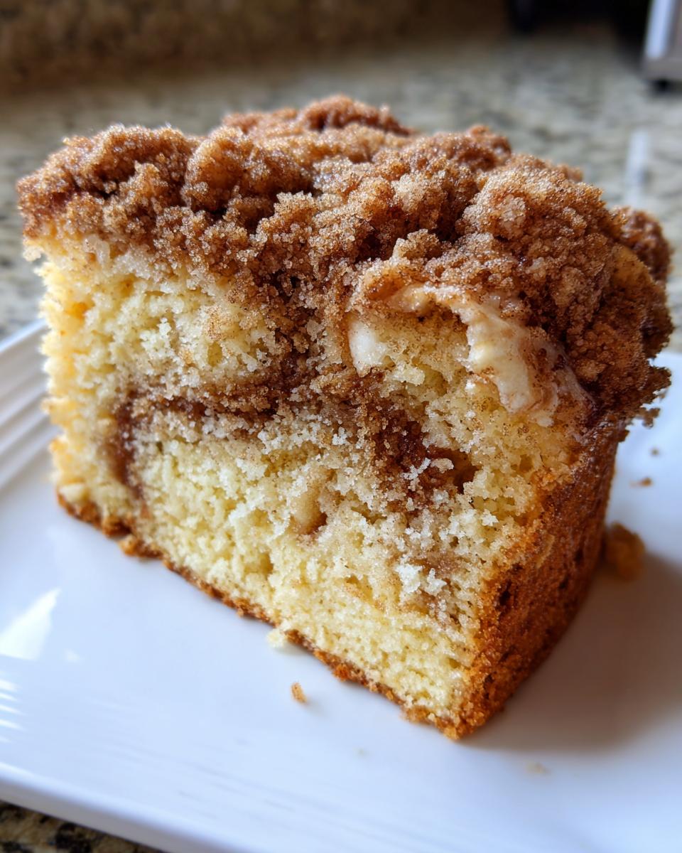 A close-up of a moist slice of coffee cake featuring a thick cinnamon streusel topping and a visible swirl of filling.