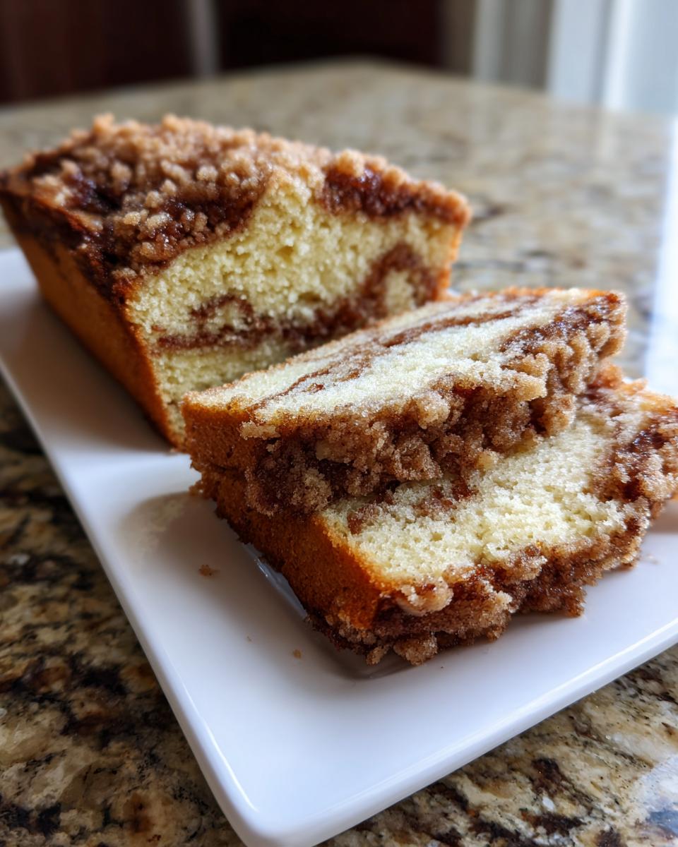 Two slices of moist coffee cake with a cinnamon swirl and thick crumb topping served on a white rectangular plate.