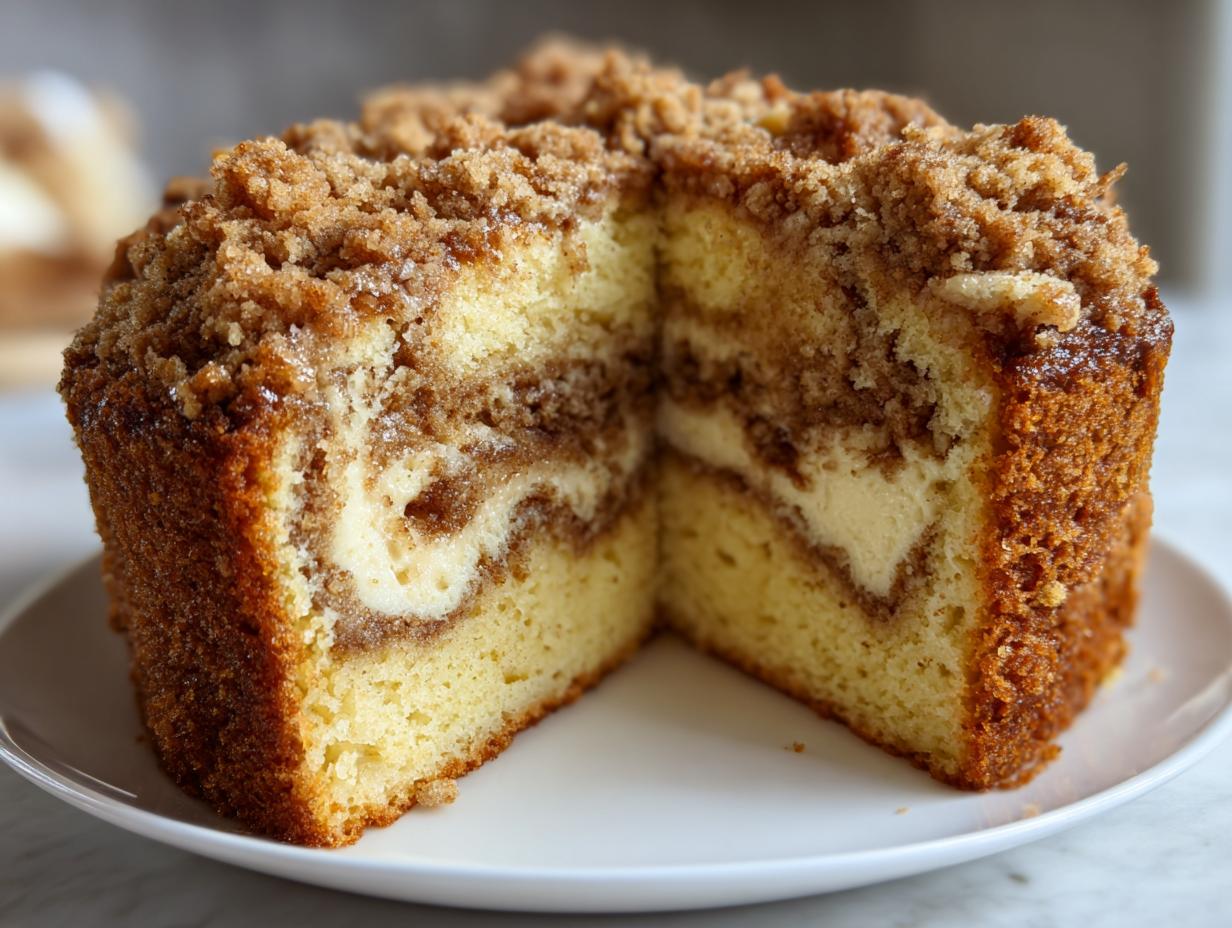 A cross-section of a moist coffee cake showing a rich cinnamon swirl and thick streusel topping.