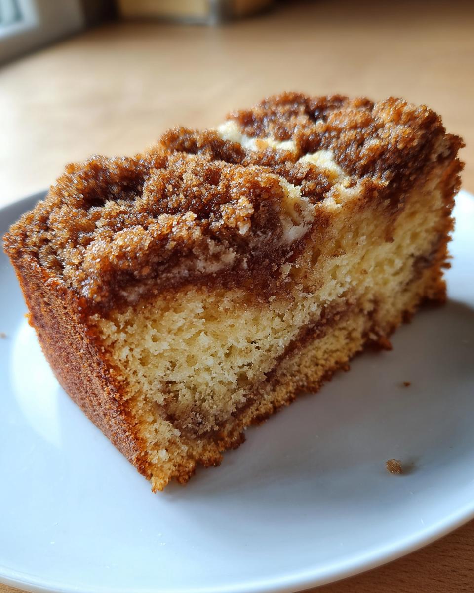 Close-up of a moist slice of coffee cake featuring a thick, sugary cinnamon crumb topping and tender yellow cake base.