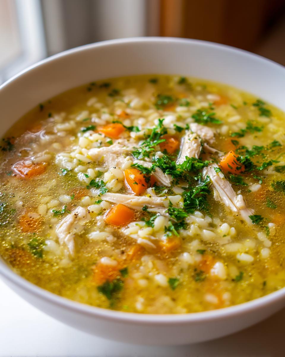 Close-up of a warm bowl of penicillin soup featuring shredded chicken, orzo pasta, carrots, and fresh parsley garnish.