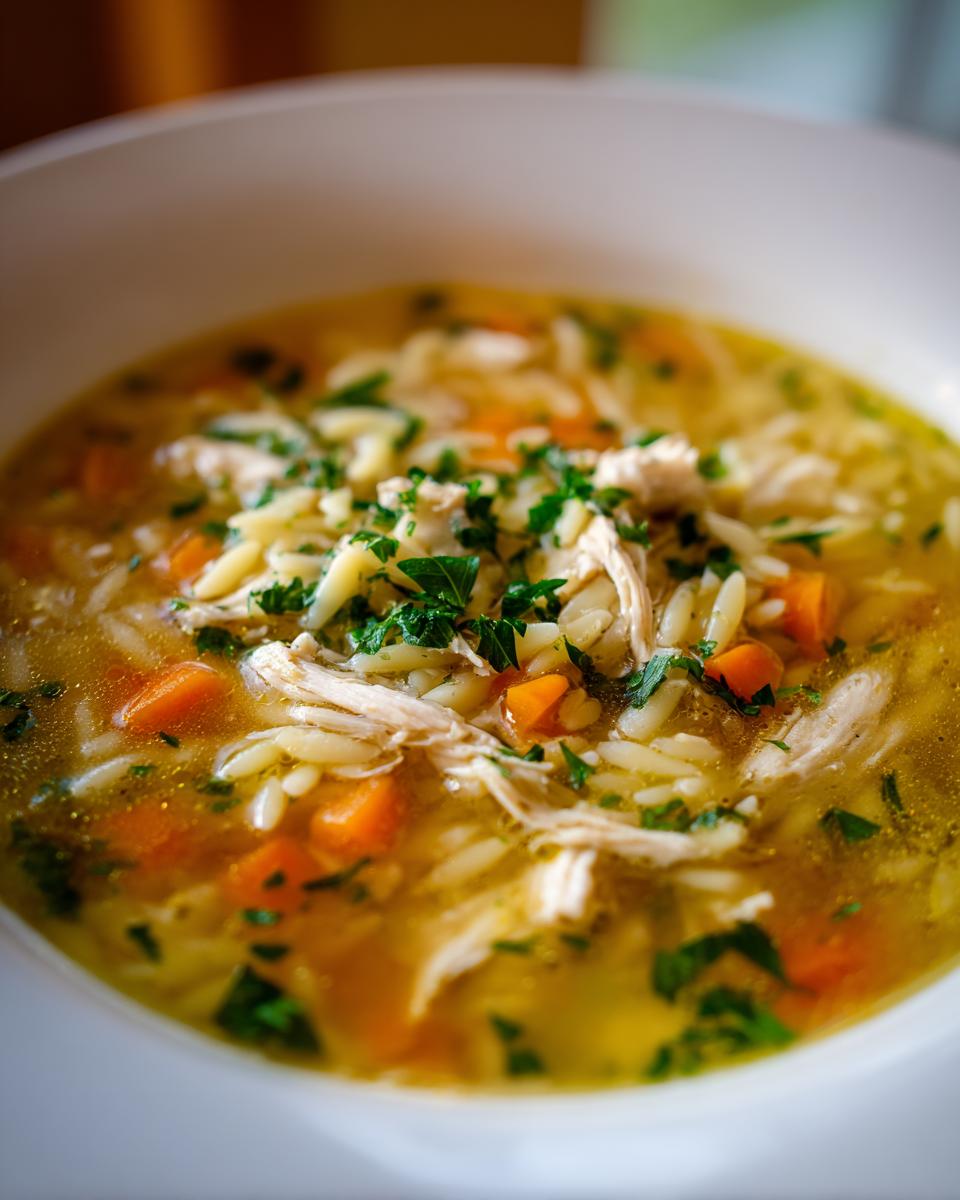 A close-up view of a white bowl filled with rich, golden penicillin soup featuring shredded chicken, orzo pasta, diced carrots, and fresh parsley.