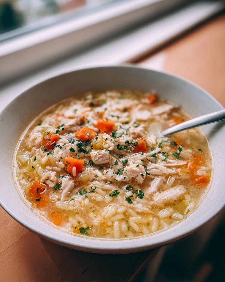 A close-up of a warm bowl of penicillin soup featuring shredded chicken, rice, carrots, and parsley garnish.