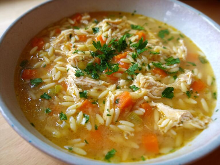 A close-up shot of a bowl of warm penicillin soup filled with shredded chicken, orzo pasta, carrots, celery, and fresh parsley garnish.