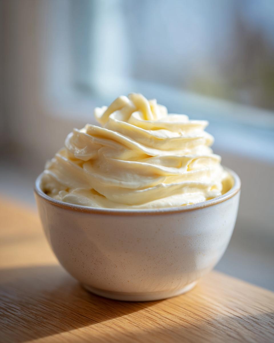 A small, speckled white bowl filled with creamy, piped garlic aioli, sitting on a wooden surface near a window.