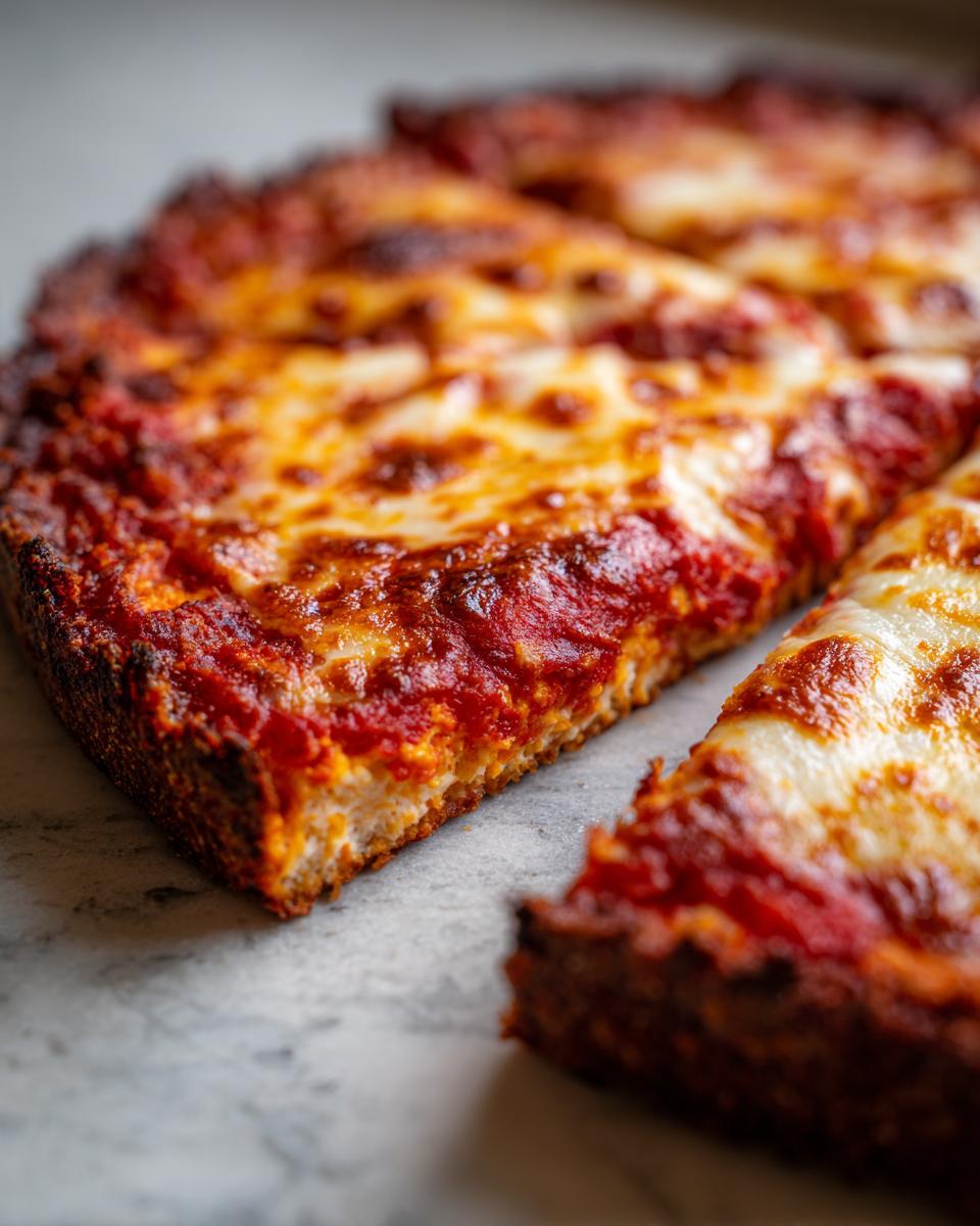 A close-up, macro shot of slices of pizza showing the thick, browned edge of the cottage cheese pizza crust topped with sauce and melted cheese.