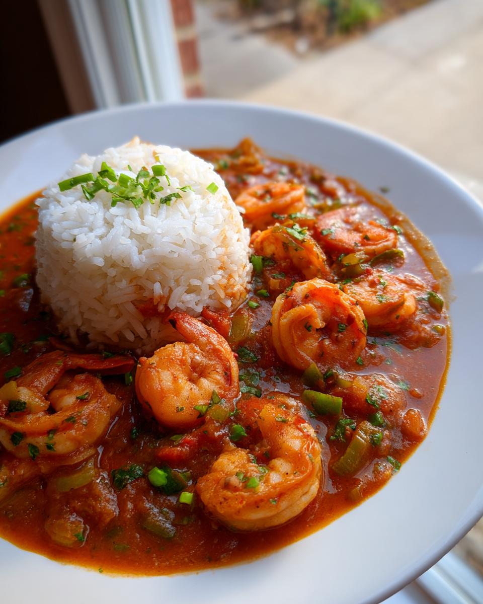 A close-up of a bowl of vibrant Shrimp Creole served with a mound of white rice, garnished with green onions.