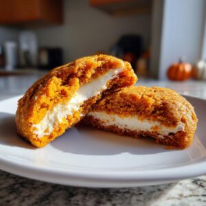 A pumpkin cheesecake cookie cut in half showing the thick, creamy white cheesecake filling inside the spiced pumpkin cookie.