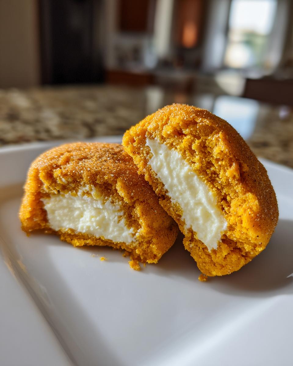 A pumpkin cheesecake cookie cut in half showing the creamy white filling inside the orange pumpkin cookie.