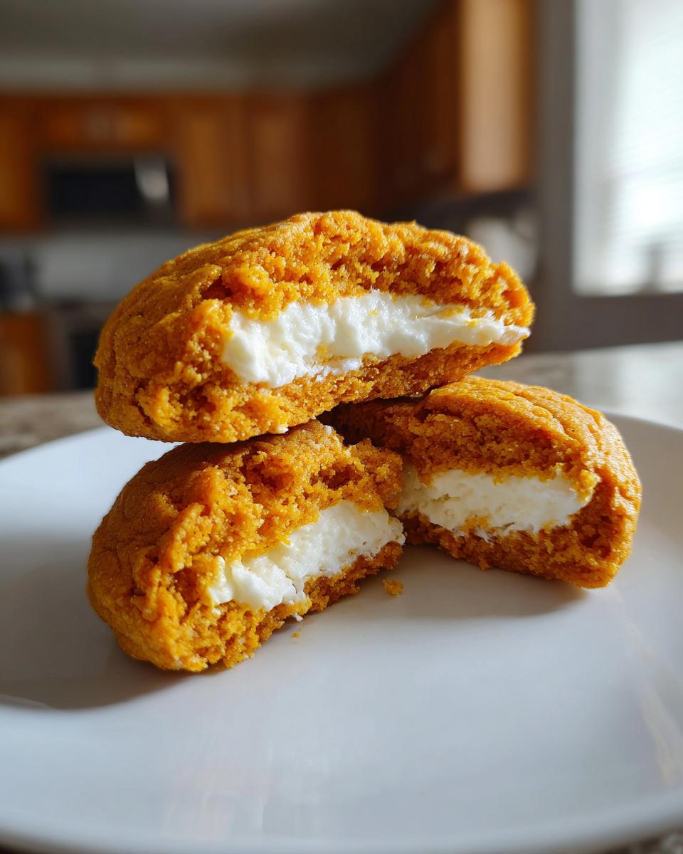 Two halves of a pumpkin cheesecake cookie showing the thick, creamy white filling inside.