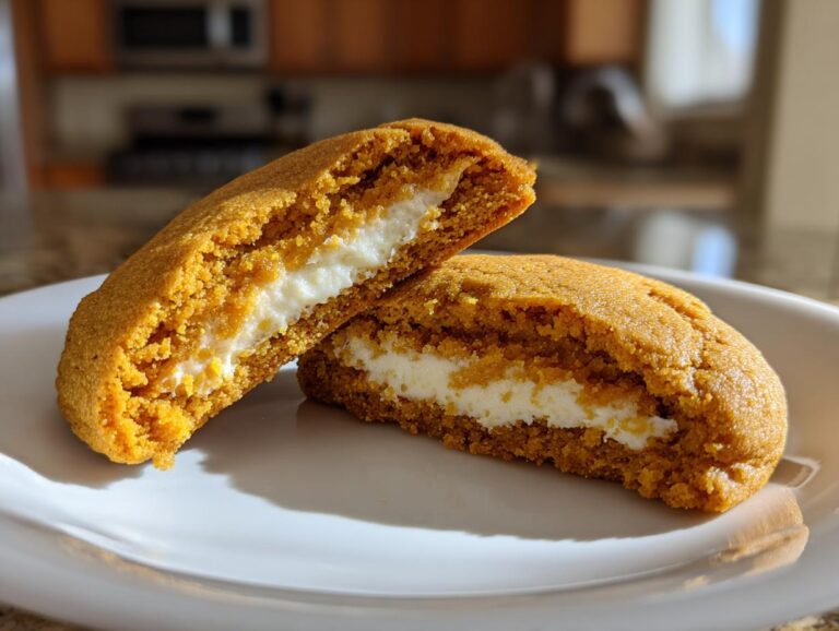 A pumpkin cheesecake cookie cut in half showing the thick, creamy white filling inside the soft pumpkin cookie.