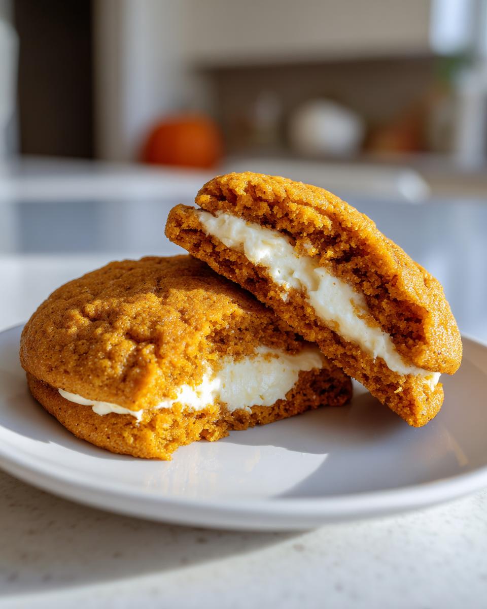 Two halves of a delicious pumpkin cheesecake cookie sandwich, showing the thick cream cheese filling inside.