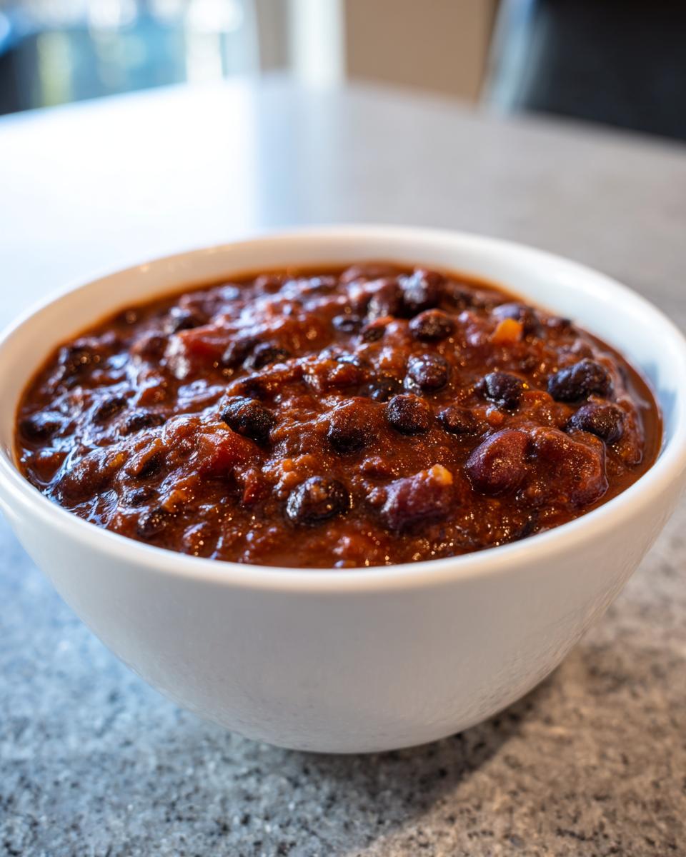 Close-up of a white bowl filled with thick, rich black bean chili on a grey countertop.