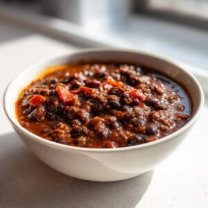 A close-up of a white bowl filled with rich, dark black bean chili, highlighted by natural sunlight.